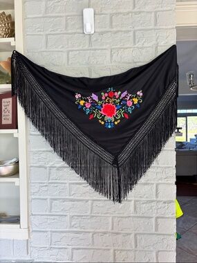 Black Floral Embroidered Fringe Edge Triangular Spanish Style Scarf
